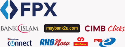 FPX: Bank Islam, Maybank2u, CIMB Clicks, Hong Leong Connect, RHB Now, AmBank, Public Bank
