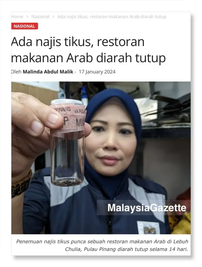 MalaysiaGazette: Ada najis tikus, restoran diarah tutup 14 hari