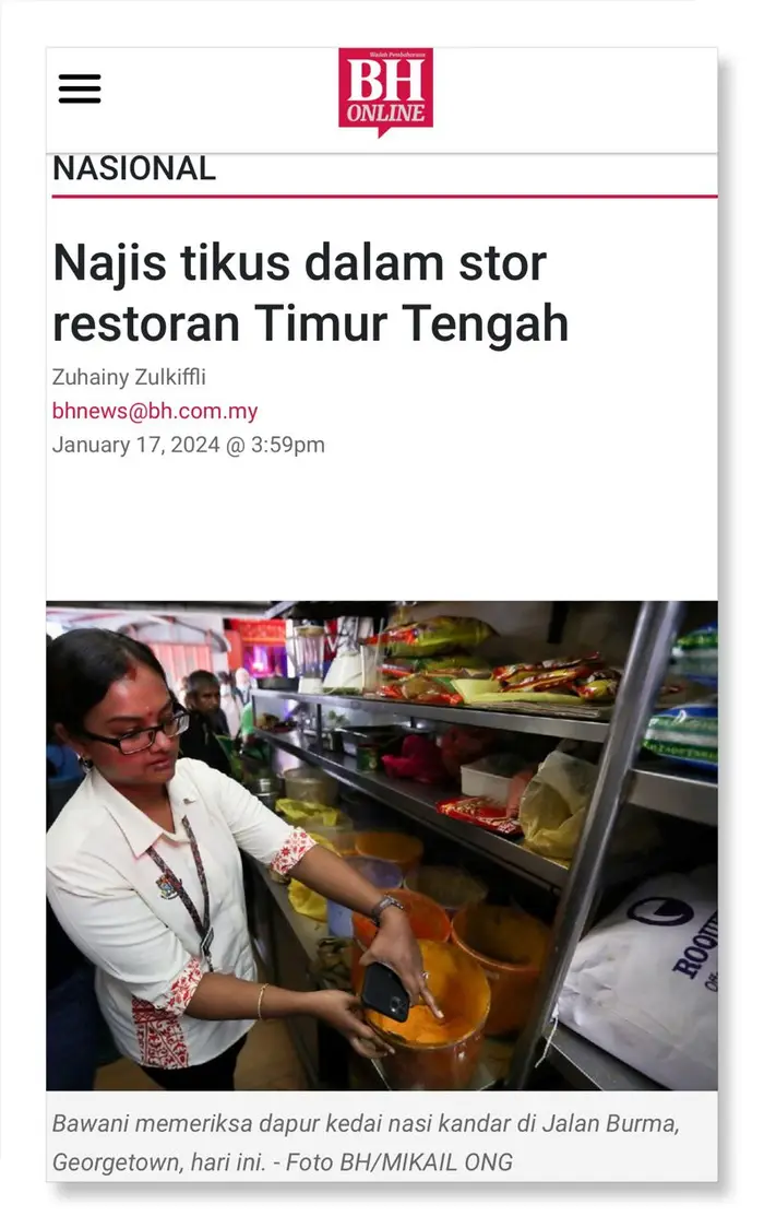 Berita Harian: Najis tikus dalam stor restoran