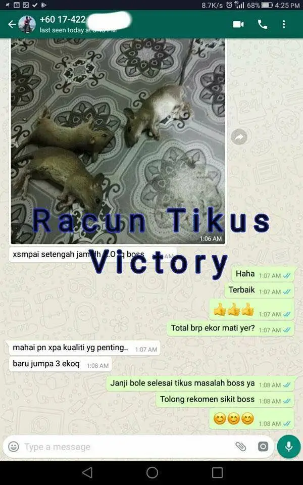 Testimoni pelanggan RTV 7: tikus mati selepas guna RTV